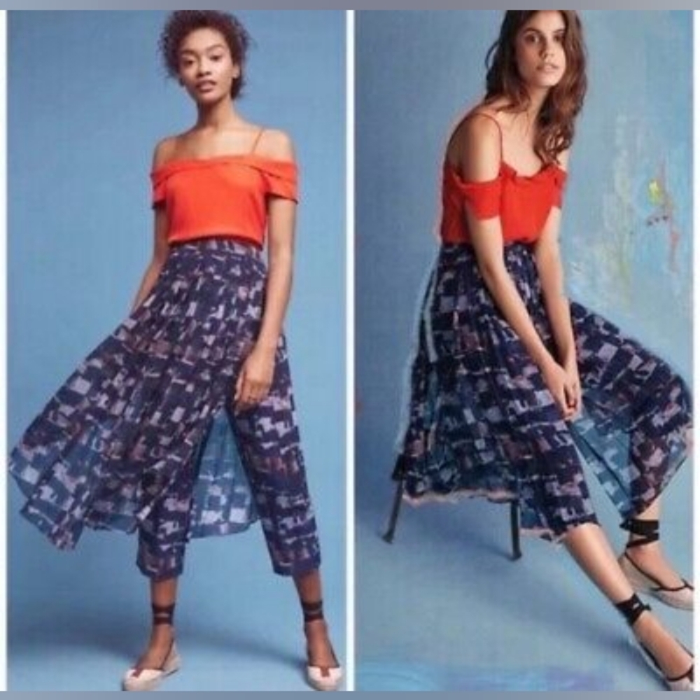 Anthropologie HD in Paris Blue and White Asymmetrical Midi Skirted Pants Size 8